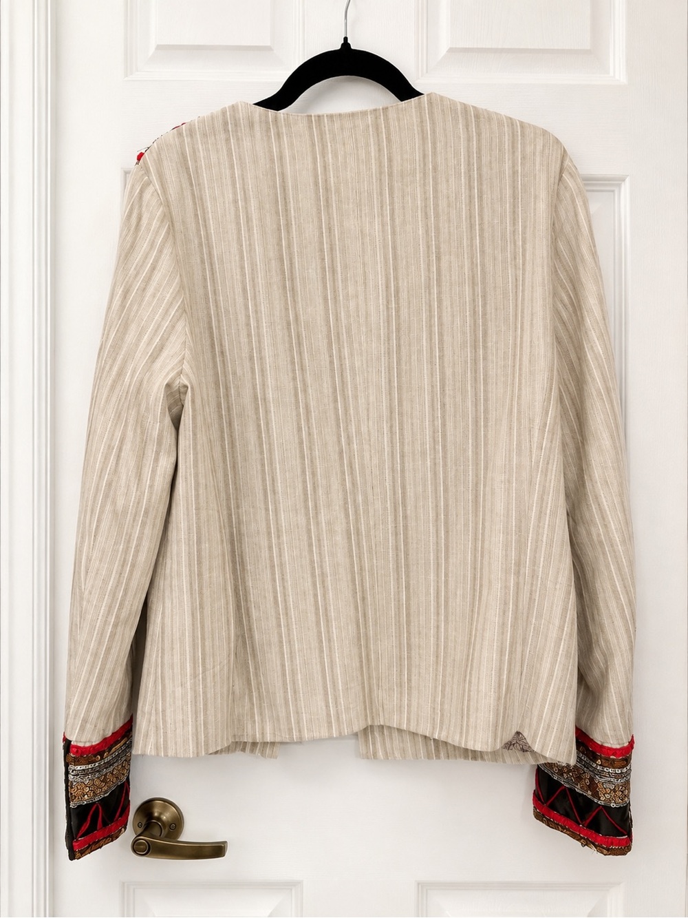 Embellished and Embroidery Beige Stripe Jacket with Red Accent - Picture 2 of 4